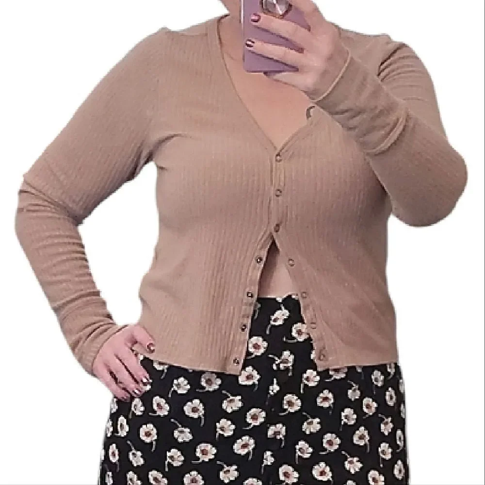 Abercrombie & Fitch Tan Ribbed Button Down Front Fitted Viscose Cardigan‎ Large